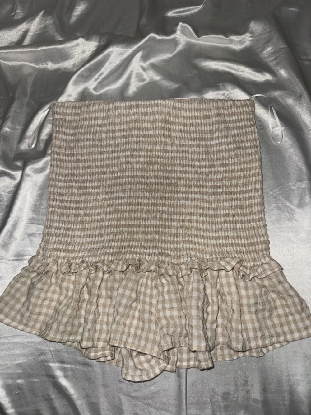 MARBLE Beige Gingham Smocked Ruffle Mini Skirt